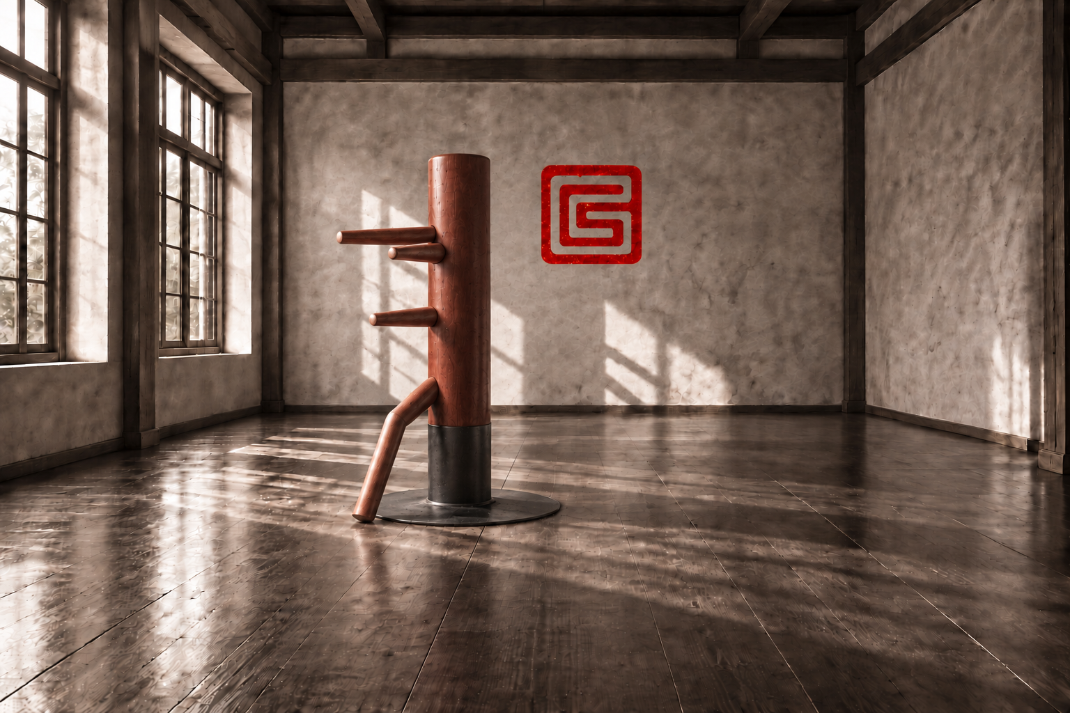 The sunlit SC MASTERY training room with a freestanding wooden dummy and the SC seal on the wall
